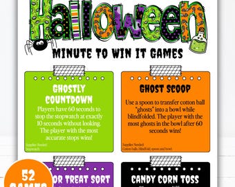 Può includere: Un foglio di gioco stampabile di Halloween con il titolo "Halloween" in verde, arancione e viola. Il foglio include le istruzioni per diversi giochi "minute-to-win-it", come "Ghostly Countdown" e "Ghost Scoop".