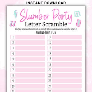 Fun Printable Slumber Party Letter Scramble Game | Girl Teen or Tween Sleepover Party Think Fast Word Game | Pajama Party Games