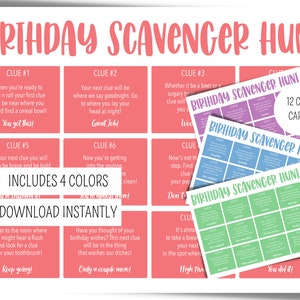 May include: A pink and white printable birthday scavenger hunt game with 12 clue cards. The cards are in pink, blue, and green. The game includes instructions to download instantly.