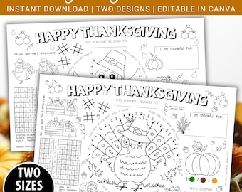 Printable Editable Thanksgiving Activity Placemat for Kids | Thanksgiving Kids Table Games | Instant Download Thanksgiving Placemat