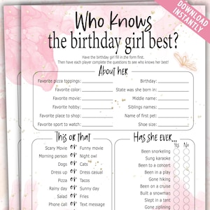 May include: A printable pink and gold game card with the text "Who knows the birthday girl best?" and questions about the birthday girl's favorite things, including pizza toppings, color, movie, hobby, place to shop, and sport to watch. The card also includes a "This or That" section with questions like "Scary Movie or Funny Movie" and "Dogs or Cats". The card also includes a "Has She Ever..." section with questions like "Been snorkeling" and "Sung karaoke".