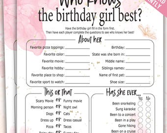 Printable Birthday Girl Game | How Well do You Know the Birthday Girl | Birthday Girl Game | Teen or Tween Birthday Girl Game