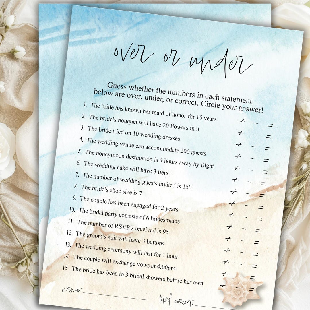 Printable Over Under Game for Bridal Shower Wedding Shower Fun Guessing ...
