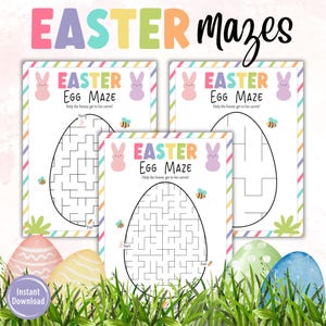 May include: Three printable Easter egg maze activity sheets with a pastel rainbow color scheme. Each sheet features a bunny rabbit and the text "Easter Egg Maze" with instructions to help the bunny get to his carrot.