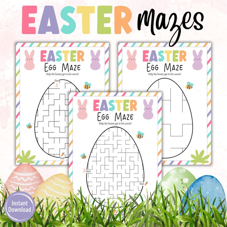 May include: Three printable Easter egg maze activity sheets with a pastel rainbow color scheme. Each sheet features a bunny rabbit and the text "Easter Egg Maze" with instructions to help the bunny get to his carrot.