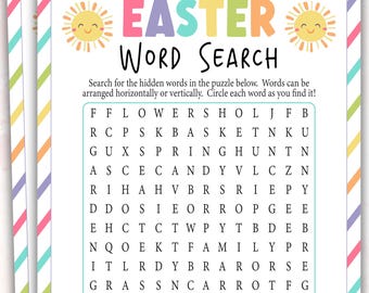 Puede incluir: Un rompecabezas de búsqueda de palabras de Pascua imprimible con un título colorido e ilustraciones de sol. El rompecabezas presenta palabras relacionadas con la Pascua, como "flores", "canasta", "caramelos" y "huevos".