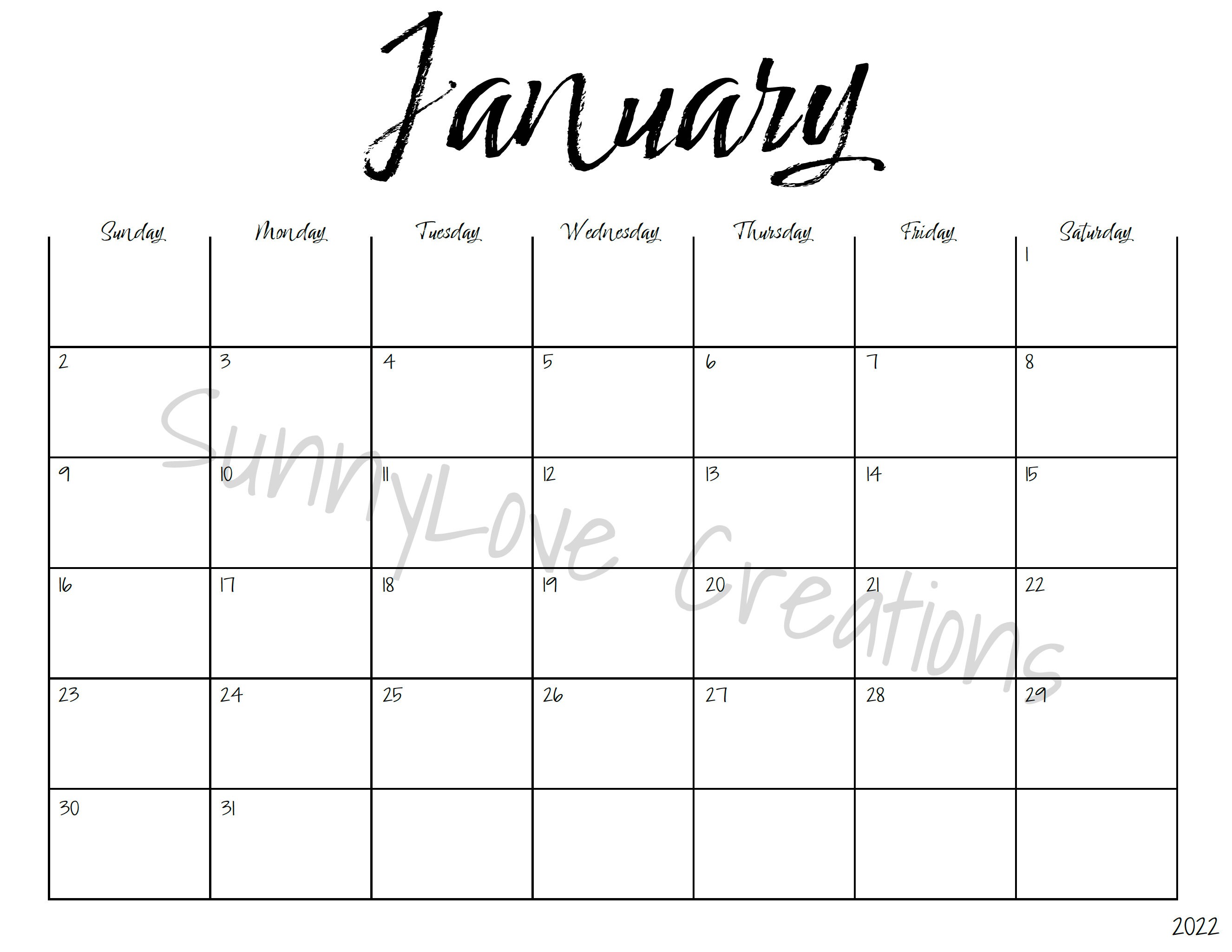 2022 editable horizontal monthly calendar etsy