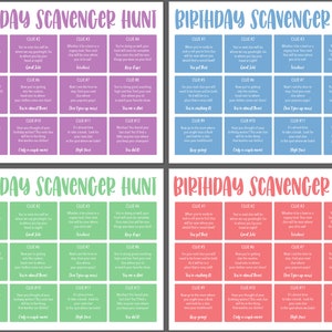 May include: A printable birthday scavenger hunt game with 12 clues on each page. The game is designed to be played by a group of people. The clues are written in a fun and engaging way, and they will lead the players on a scavenger hunt around the house or garden. The game is perfect for a birthday party or any other special occasion.