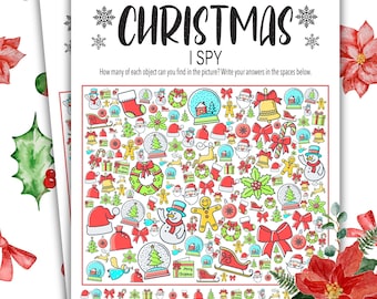 May include: A Christmas-themed I Spy game with a white background and a grid of colorful illustrations. The illustrations include snowmen, Santa Claus, presents, candy canes, wreaths, bells, and snow globes. The text "Christmas I Spy" is at the top of the page.
