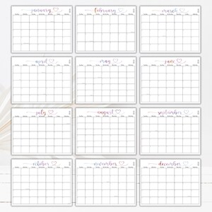 May include: A 2025 wall calendar set featuring twelve individual monthly pages. Each page displays a grid for dates, the month name in a gradient script font, and a small heart icon. The layout includes headers for days of the week.