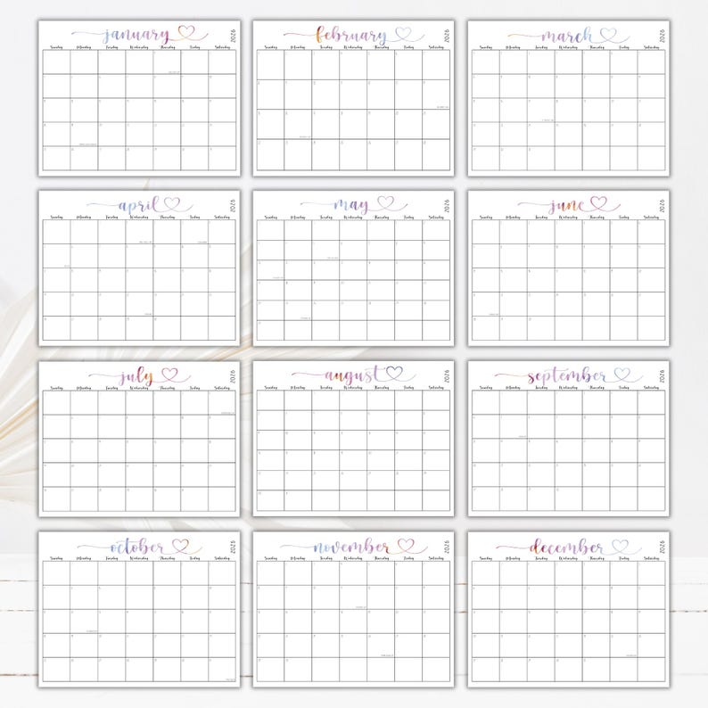 May include: A 2025 wall calendar set featuring twelve individual monthly pages. Each page displays a grid for dates, the month name in a gradient script font, and a small heart icon. The layout includes headers for days of the week.