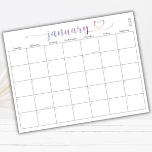 May include: A January 2026 monthly calendar page with a white background and black grid lines. The word January is written in a purple and orange gradient script font with a heart icon. The calendar includes days of the week and dates.