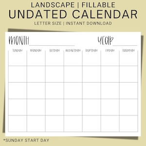 Perpetual Printable Calendar | Blank Landscape Calendar | Editable Birthday Calendar | Workout Calendar | Editable Meal Planner | BC5