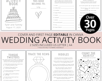 Livro de atividades para casamento infantil para imprimir, livro de colorir para casamento para crianças, atividades de mesa para crianças, capa editável, pacote de atividades para recepção