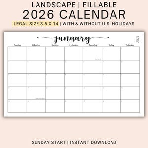 2026 Legal Size Calendar Bundle | Editable Fillable PDF Monthly Planner | With & Without US Holidays | Landscape Printable Calendar | CFWNH