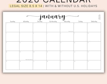 Paquete de calendarios tamaño legal 2026 / Planificador mensual en PDF editable y rellenable / Con y sin días festivos de EE. UU. / Calendario imprimible en formato horizontal / CFWNH