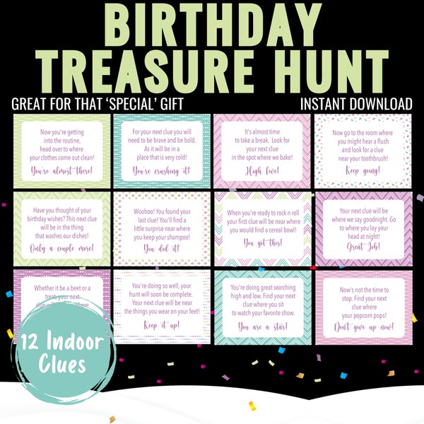 Birthday Scavenger Hunt, Birthday Party Games, Printable Birthday, Treasure Hunt, Pastel