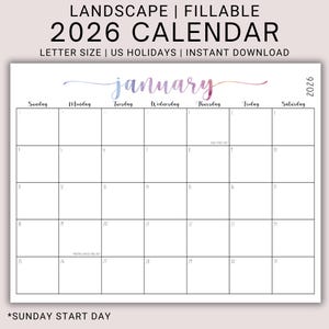 Può includere: Un calendario bianco del 2026 con il mese di gennaio. Il calendario è in formato orizzontale e include il testo "LANDSCAPE | FILLABLE 2026 CALENDAR LETTER SIZE | US HOLIDAYS | INSTANT DOWNLOAD". La parola "gennaio" è scritta in uno script colorato.