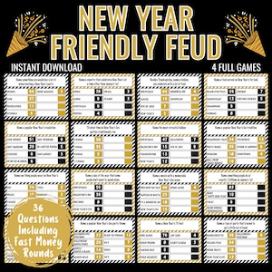 May include: A printable New Year's Eve game board with a black and gold striped design. The game is called "New Year's Friendly Feud" and includes 36 questions, including fast money rounds. The game board is divided into 12 sections, each with a different question related to New Year's Eve traditions.
