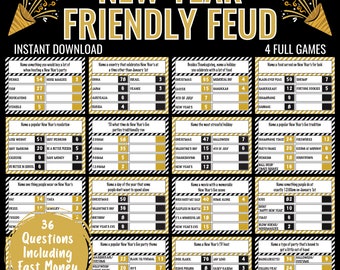 Puede incluir: Un tablero de juego imprimible para la víspera de Año Nuevo con un diseño a rayas negras y doradas. El juego se llama "New Year's Friendly Feud" e incluye 36 preguntas, incluyendo rondas de dinero rápido. El tablero de juego está dividido en 12 secciones, cada una con una pregunta diferente relacionada con las tradiciones de la víspera de Año Nuevo.