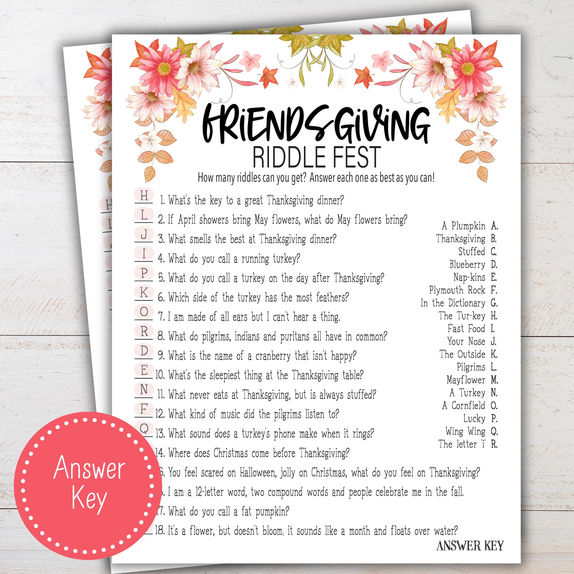 Group Solving Riddles Friendsgiving Riddles Printable Game | Friendsgiving Gathering Game ...