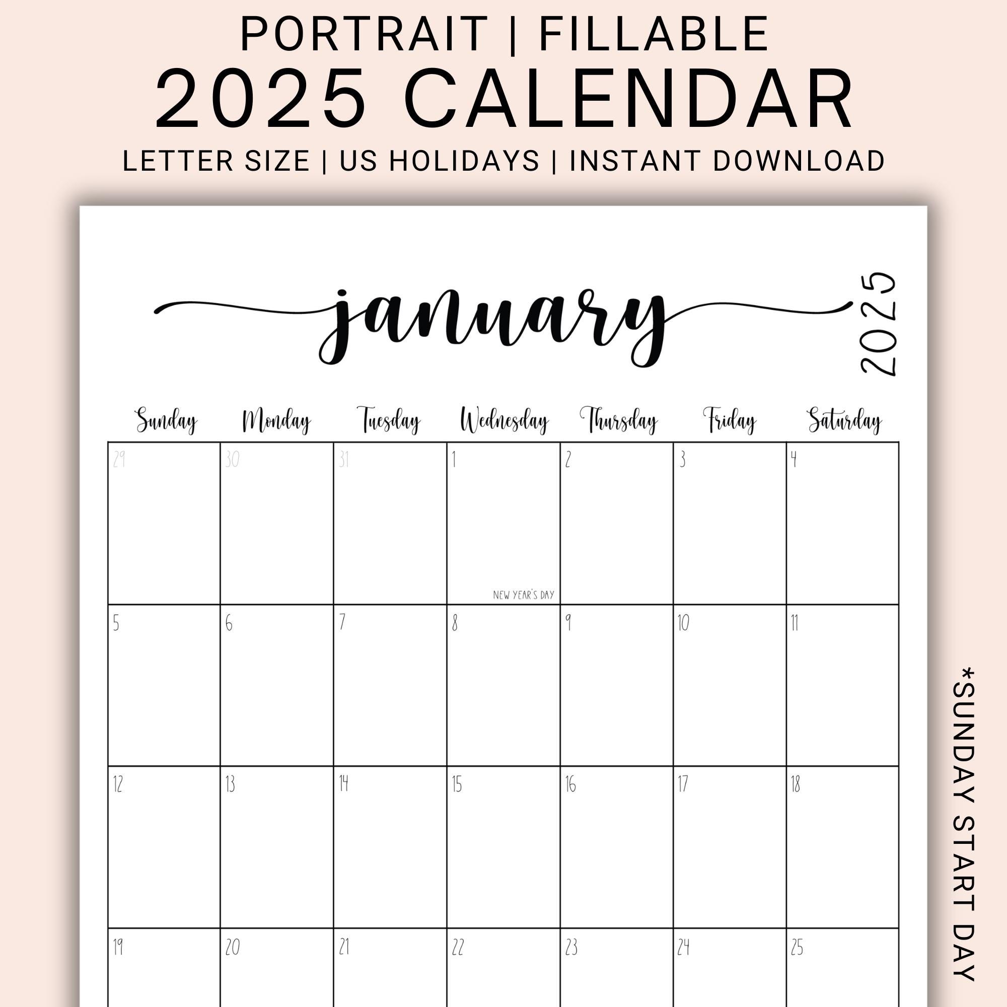 2025 Portrait Printable Calendar Template | Family Organizer | Monthly