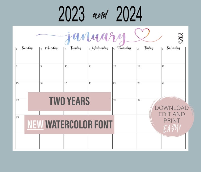 2023 and 2024 Calendar Fillable Calendar Birthday Calendar Etsy UK