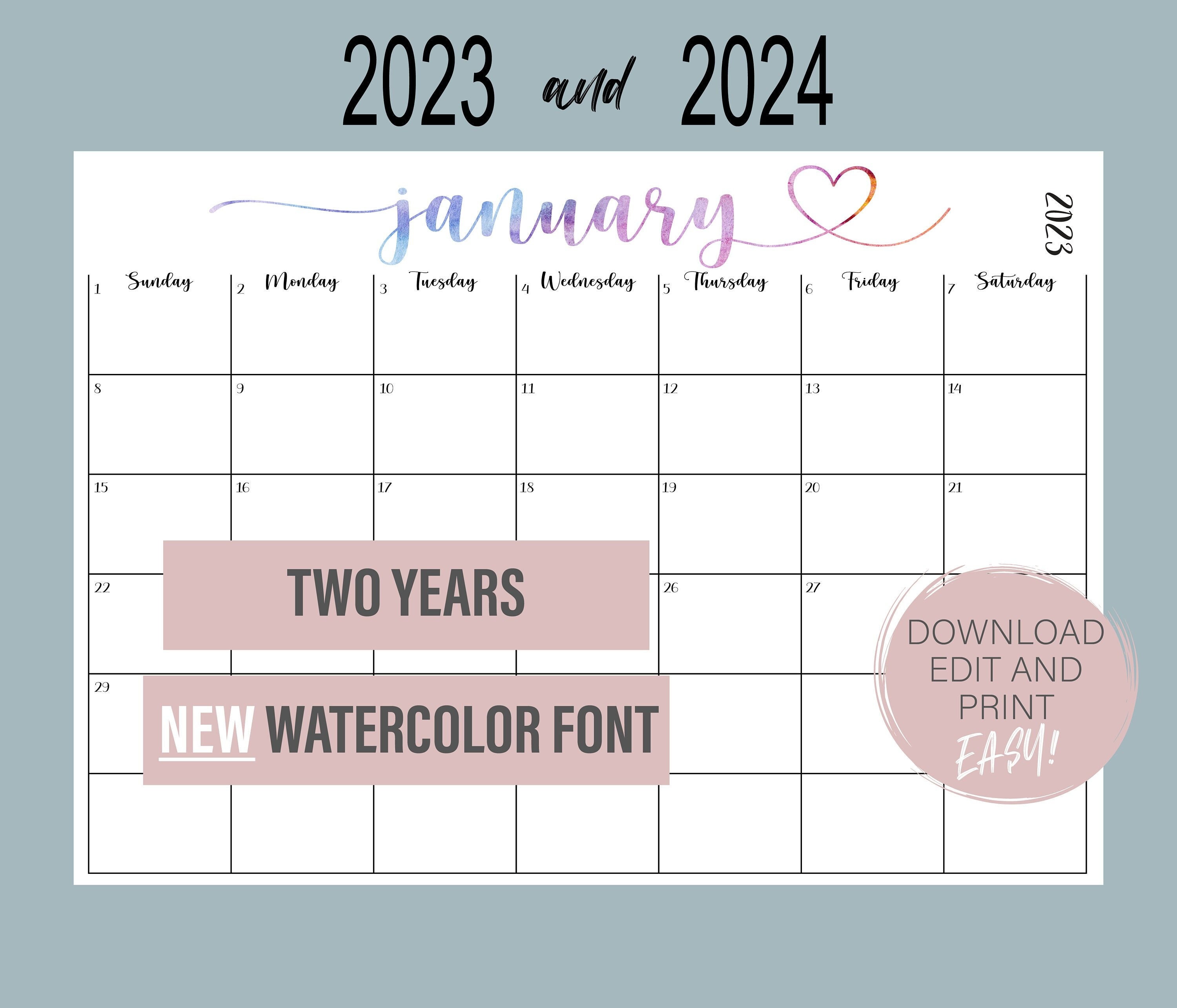 2023 and 2024 Calendar Fillable Calendar Birthday Calendar - Etsy Ireland