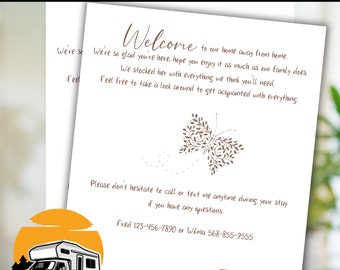 May include: A white document titled Editable RV Packet featuring brown text with a welcome message, a butterfly illustration, and contact information for Fred and Wilma. The page includes a graphic of a recreational vehicle and the text The Flintstones.