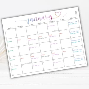 May include: A January 2026 wall calendar page with a watercolor-style gradient header and a heart icon. The grid features black lines and handwritten-style text entries in various colors, including carpool, dance, soccer, and church schedules.