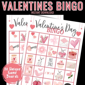 May include: A set of 30 printable Valentine's Day bingo cards. Each card features a 5x5 grid with images of hearts, flowers, bunnies, keys, and other Valentine's Day themed items. The cards are perfect for a fun and festive Valentine's Day party.