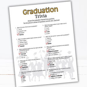 May include: A printable graduation trivia game with 10 questions. The questions are about graduation traditions, academic degrees, and the Latin word for a graduate. The answer key is included at the bottom of the page.