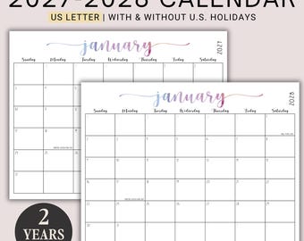 May include: A landscape orientation fillable 2027-2028 calendar set in US letter size. The white pages feature a watercolor-style purple and blue gradient header for the month of January, black grid lines, and text indicating Sunday start dates.