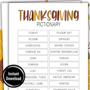 Op de afbeelding: Thanksgiving Pictionary-spel met woorden als "Kalkoen", "Pelgrimshoed" en "Pompoentaart". De titel is in bruin en geel. Een zwarte cirkel met "Direct downloaden" staat linksonder.