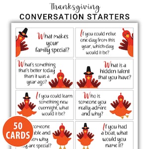 May include: A set of Thanksgiving conversation starter cards featuring orange turkeys, some wearing black pilgrim hats. The text reads Thanksgiving CONVERSATION STARTERS and includes questions like What makes your family special? and 50 CARDS.