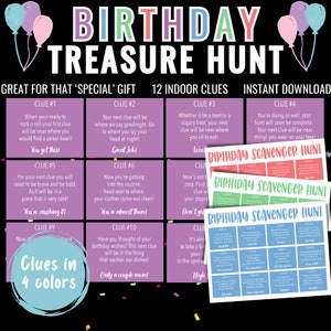 Caça ao tesouro de aniversário, jogos de festa de aniversário, aniversário para impressão, caça ao tesouro