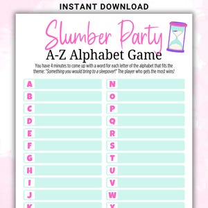 Fun Printable Slumber Party A to Z Alphabet Game | Girl Teen or Tween Sleepover Party Think Fast Word Game | Pajama Party Games