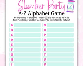 Fun Printable Slumber Party A to Z Alphabet Game | Girl Teen or Tween Sleepover Party Think Fast Word Game | Pajama Party Games