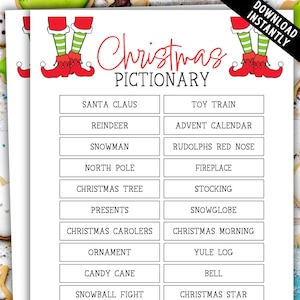 May include: A printable Christmas Pictionary game with a festive elf illustration. The game features 12 Christmas-themed words, including Santa Claus, reindeer, snowman, and Christmas tree.