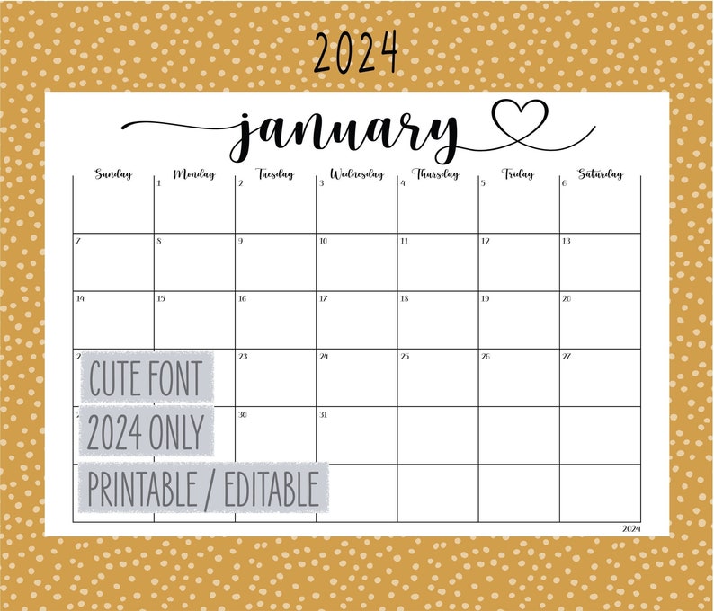 2024 Calendar Fillable Calendar Editable Calendar Printable Etsy