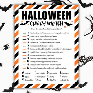 May include: Halloween-themed candy match game with orange and black borders, bats, and spiders. The game features clues to guess the candy, with options like Ring Pop, M&M's, Hershey Kiss, Hot Tamales, Gummy Bear, and more.