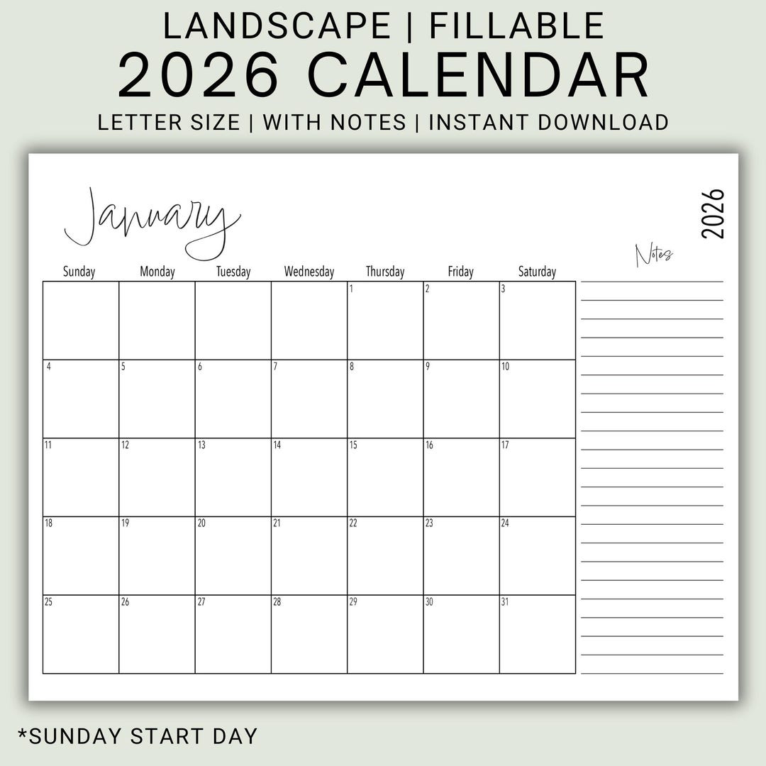 Printable Editable 2026 Calendar With Notes | Landscape US Letter ...