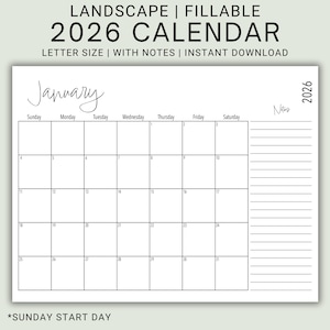 Calendario 2026 imprimible y editable con notas / Formato horizontal (carta estadounidense) / Calendario mensual horizontal / Calendario rellenable de 12 meses