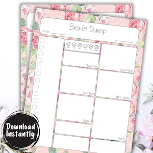 Peut inclure: Un planificateur de vidage de cerveau imprimable avec un fond floral rose. Le planificateur comprend des sections pour le suivi de l'humeur, les choses pour lesquelles être reconnaissant, les choses qui stressent, les choses à ne pas oublier, les pensées aléatoires, les choses à ajouter au calendrier et un journal alimentaire.