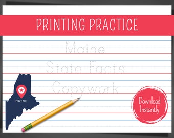 Può includere: Un foglio di lavoro stampabile per esercitarsi nella scrittura con le parole "Maine State Facts Copywork" scritte in linee tratteggiate. Il foglio di lavoro presenta anche una mappa del Maine con una stella rossa che segna la capitale. Il testo "Scarica istantaneamente" è scritto in un cerchio rosso sul lato destro della pagina.