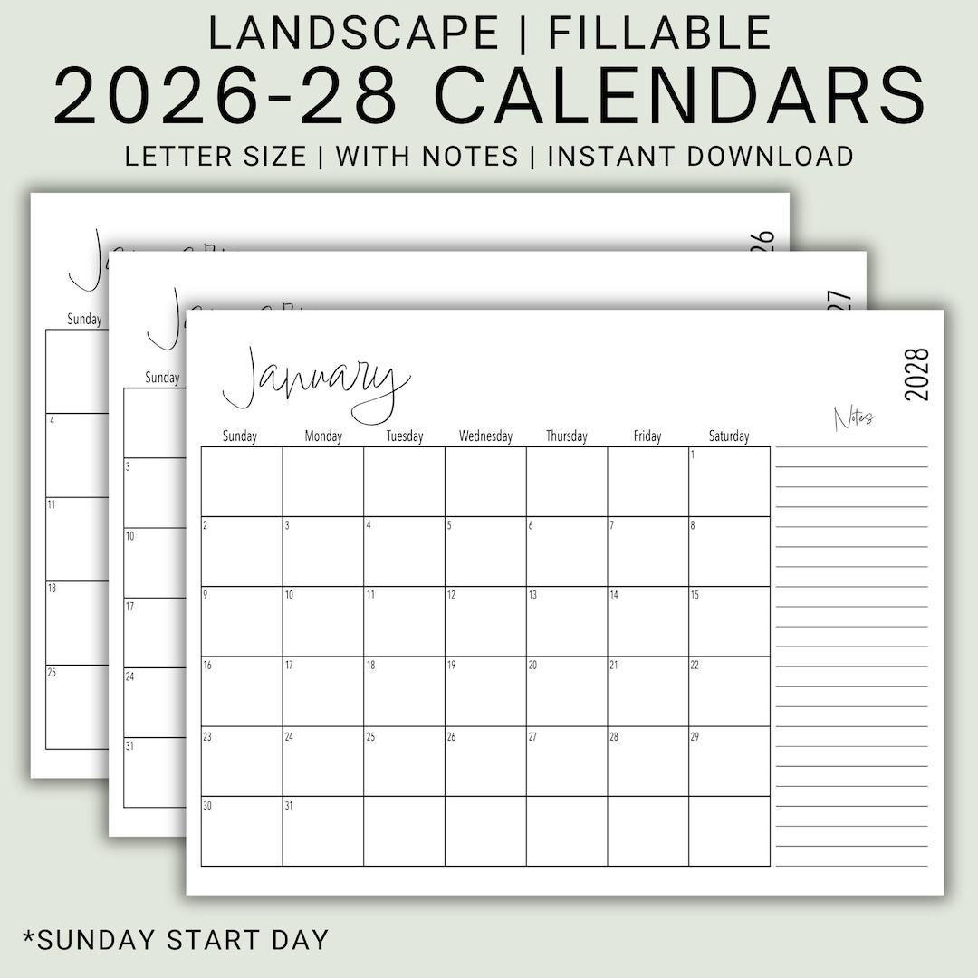 Printable Editable 2026-28 Calendar With Notes | Landscape US Letter ...