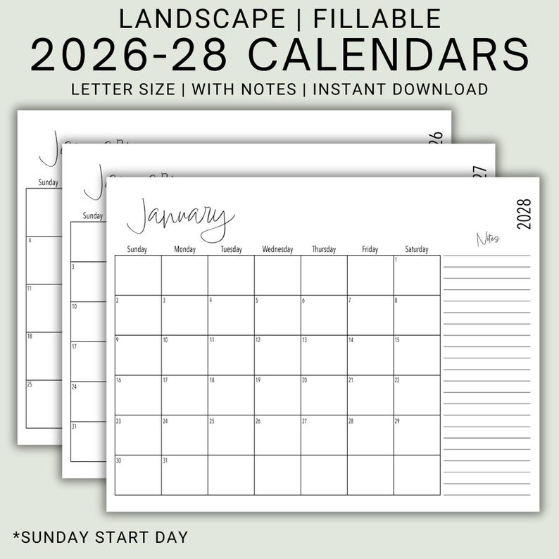 Printable Editable 2026-28 Calendar With Notes | Landscape US Letter ...