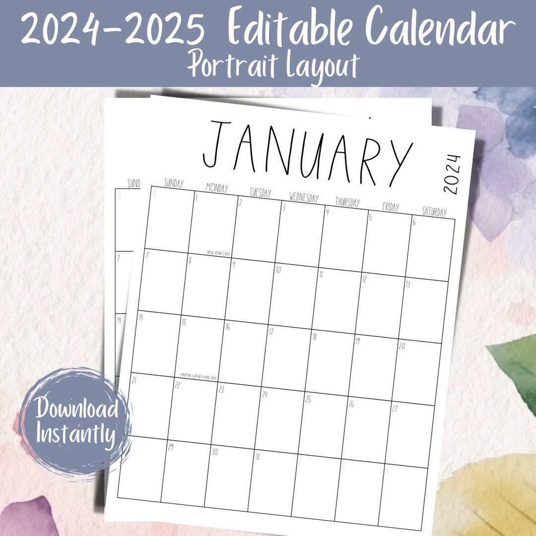 20242025 Portrait Printable Calendar Template Family Etsy Canada