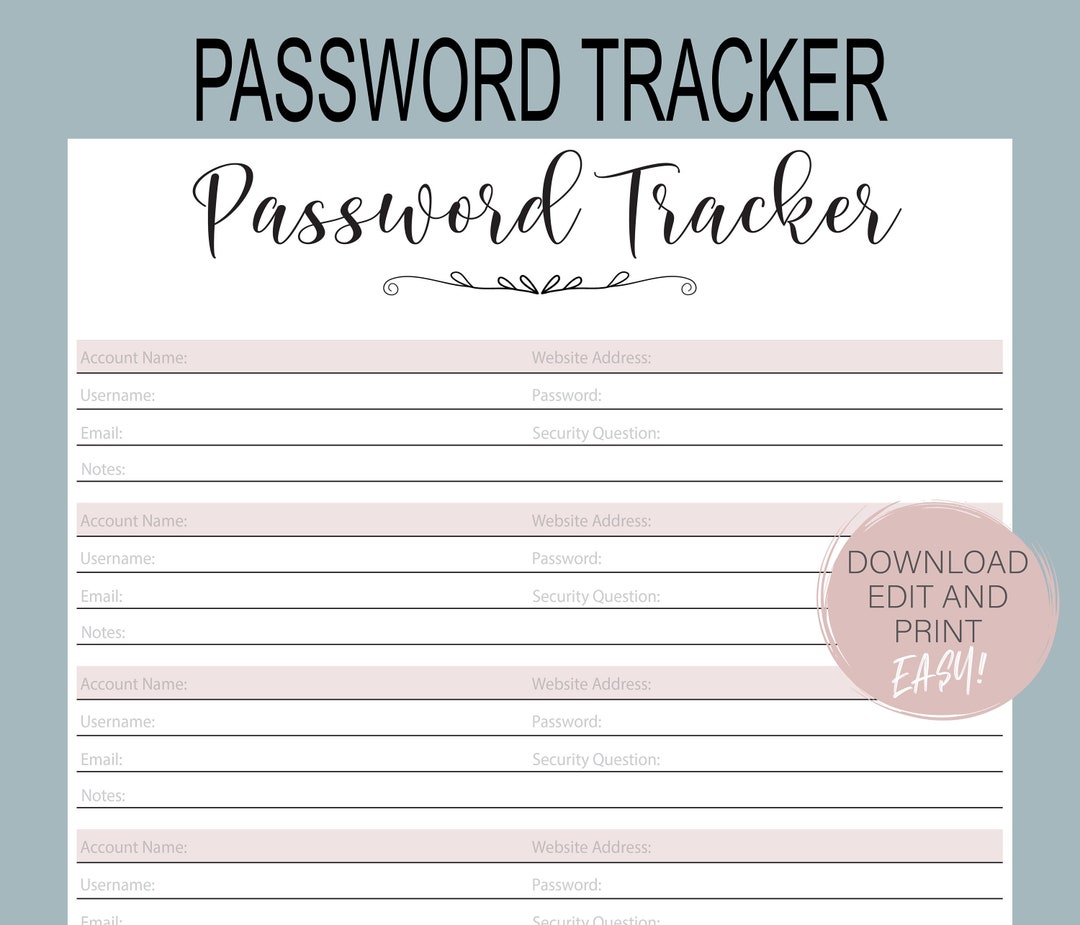 Password Tracker Printable Editable Password Log - Etsy