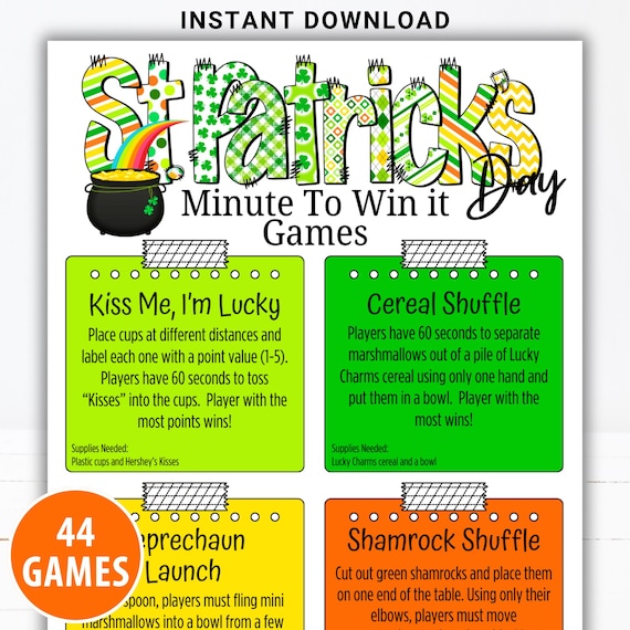 St. Patrick's Day Minute to Win It Games | Fun Printable St. Patty's Day Party Games for Kids, Teens & Adults | Classroom Party Games